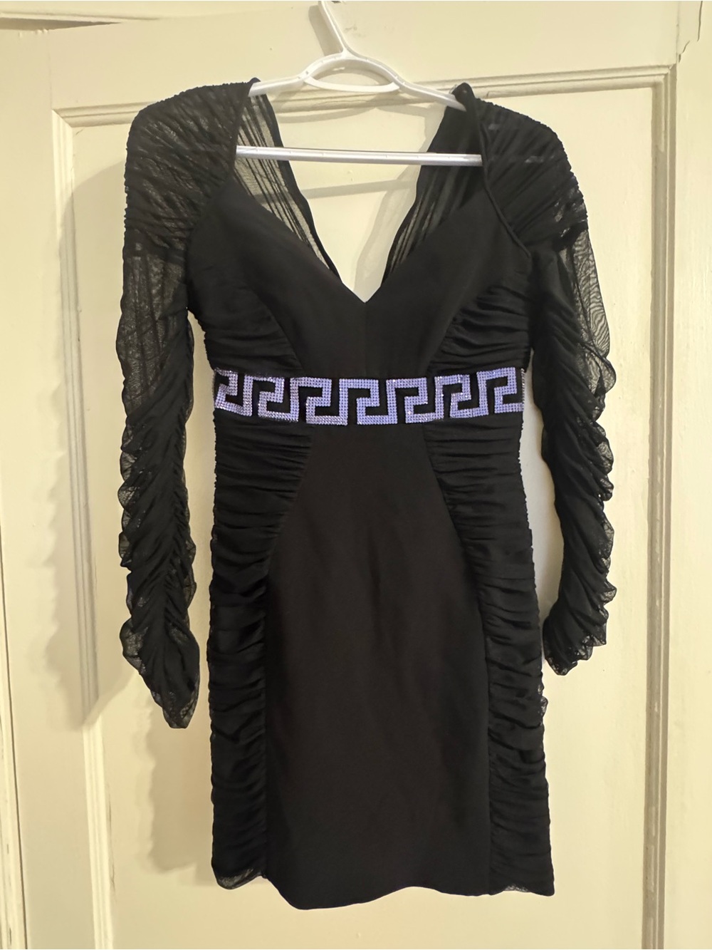 Versace Black Mini Dress with Purple Crystal  Greek Waist